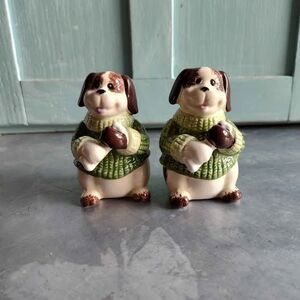 Vintage GKRO Salt & Pepper Shaker Set Porcelain Happy Dogs In Green Sweater